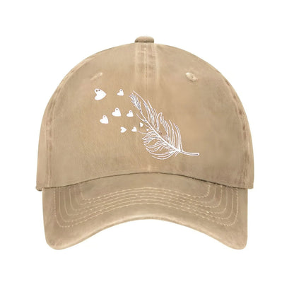 Feather And Hearts Print Distressed Baseball Cap