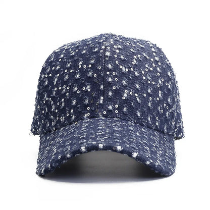 New Fashion Women Sequin Hat Denim Perforated Baseball Cap