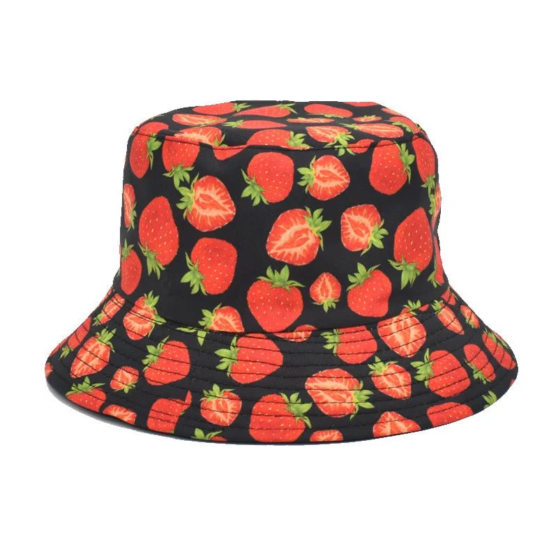 Reversible Strawberry Fruit Print Bucket Hats Women Men Summer