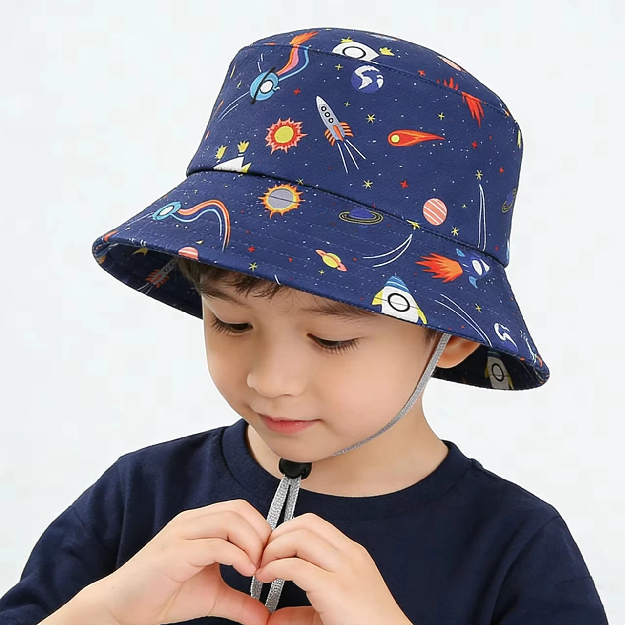 Kids Summer Sun Protection Cap Spaceship Planet Print Bucket Hat