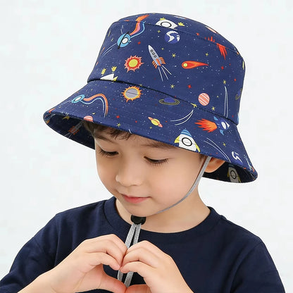 Kids Summer Sun Protection Cap Spaceship Planet Print Bucket Hat