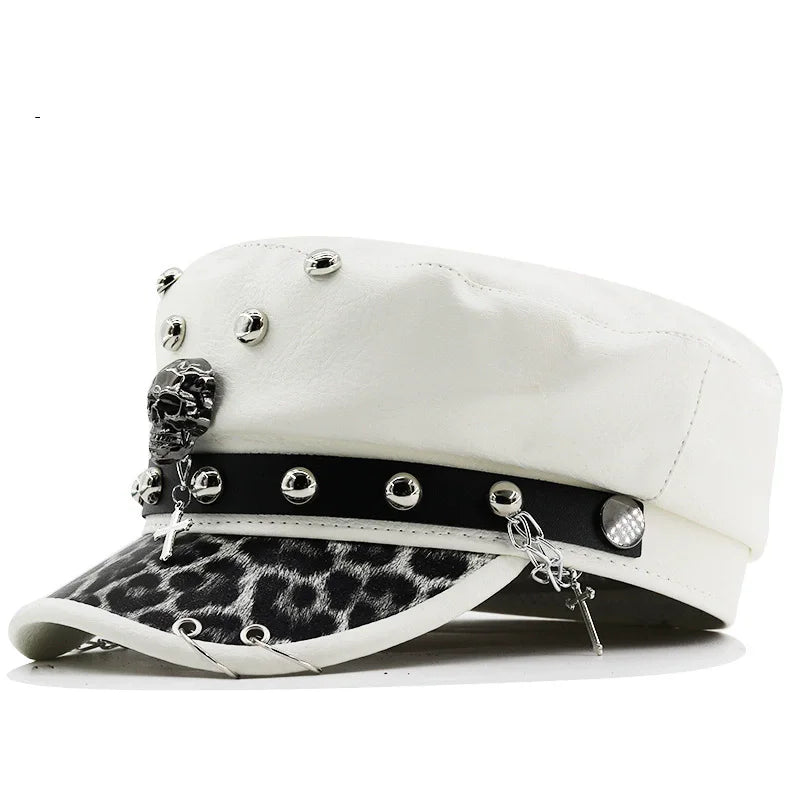 Women's Y2k Trendy Beret Fashion PU Leather Cool Punk Skull Spike Cap