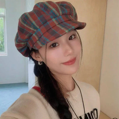 2025 Vintage Plaid Newsboy Cap Slimming Face Retro Flat Cap