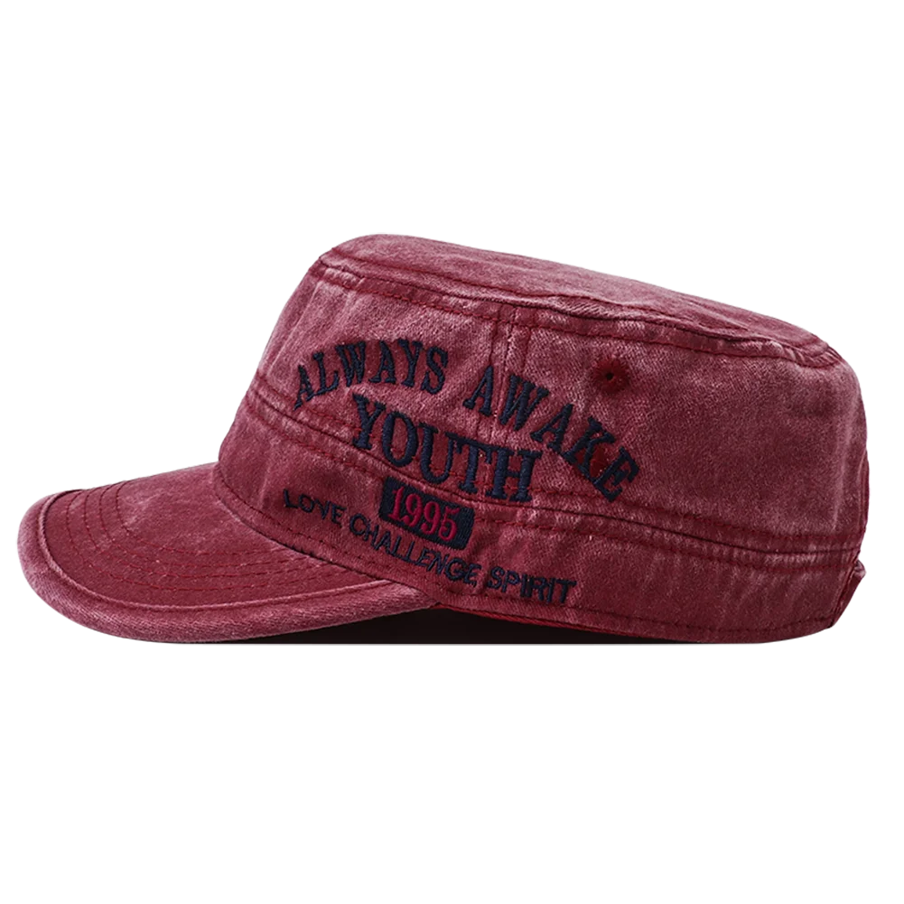 2024 New Letter Embroidery Washed Cotton Flat Top Military Cap