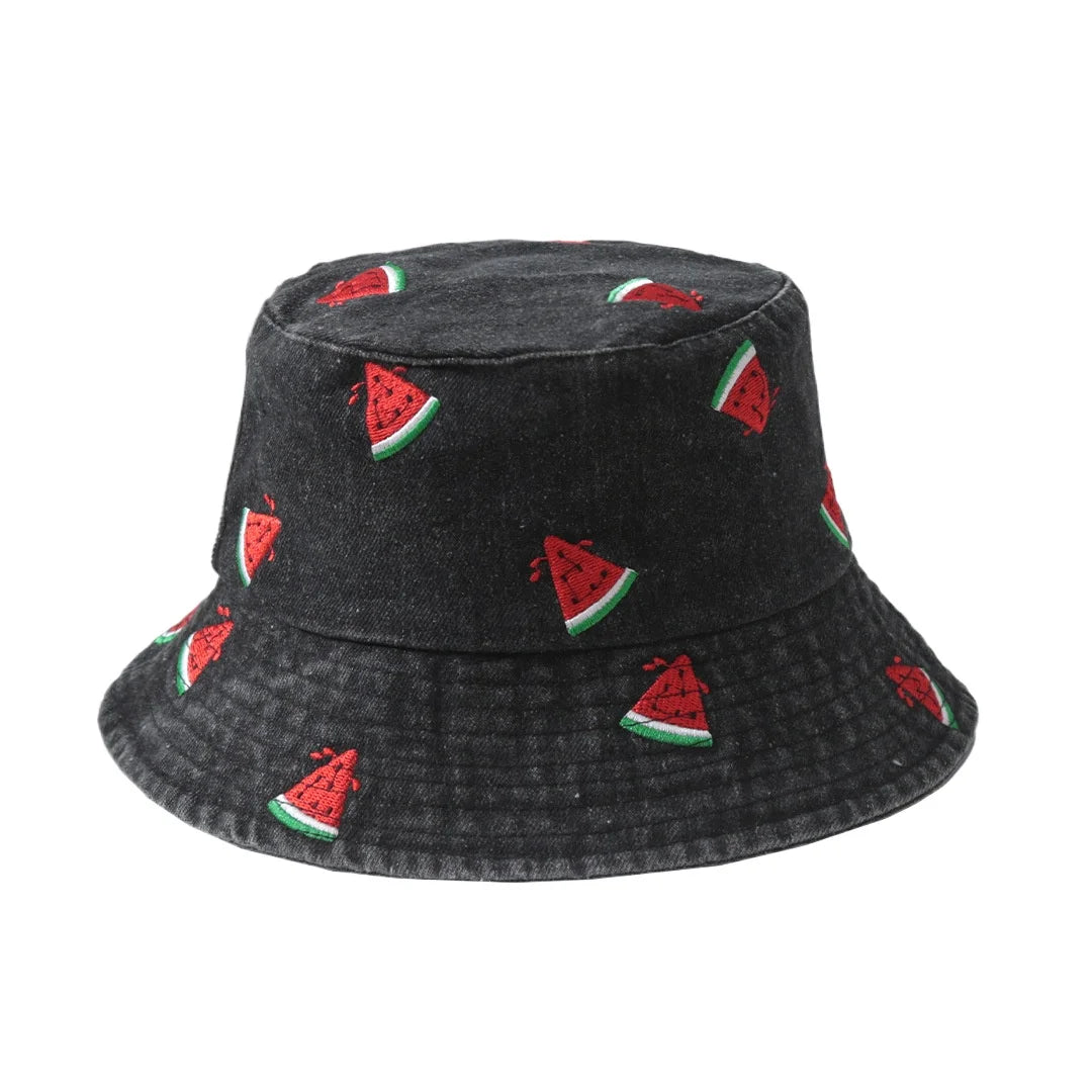 New Summer Denim Bucket Hat For Women Embroidery Watermelon Cherry Strawberry
