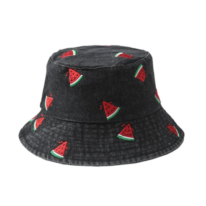 New Summer Denim Bucket Hat For Women Embroidery Watermelon Cherry Strawberry