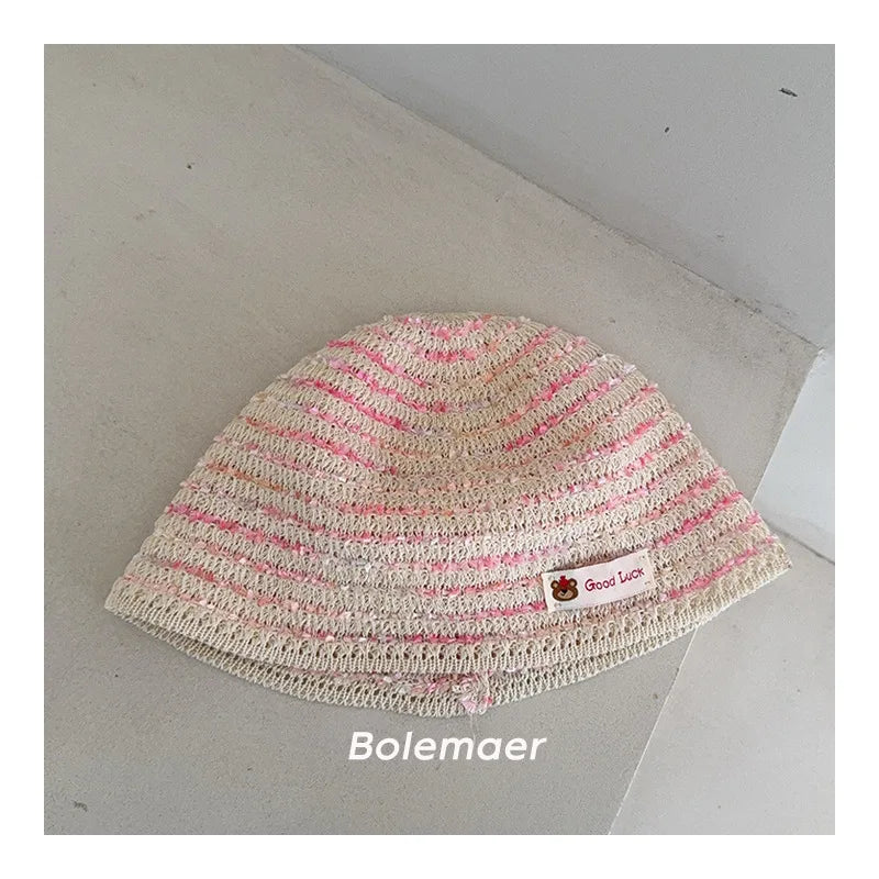 Children's Bucket Hat With Label Summer Korean Striped Thin Hollow Fisherman's Hat