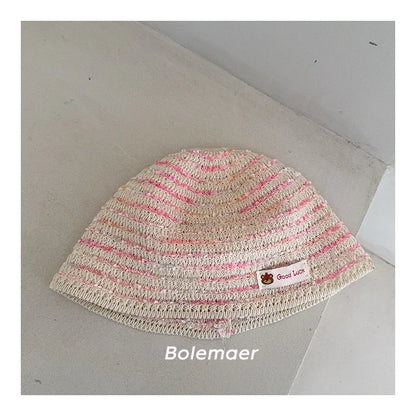 Children's Bucket Hat With Label Summer Korean Striped Thin Hollow Fisherman's Hat