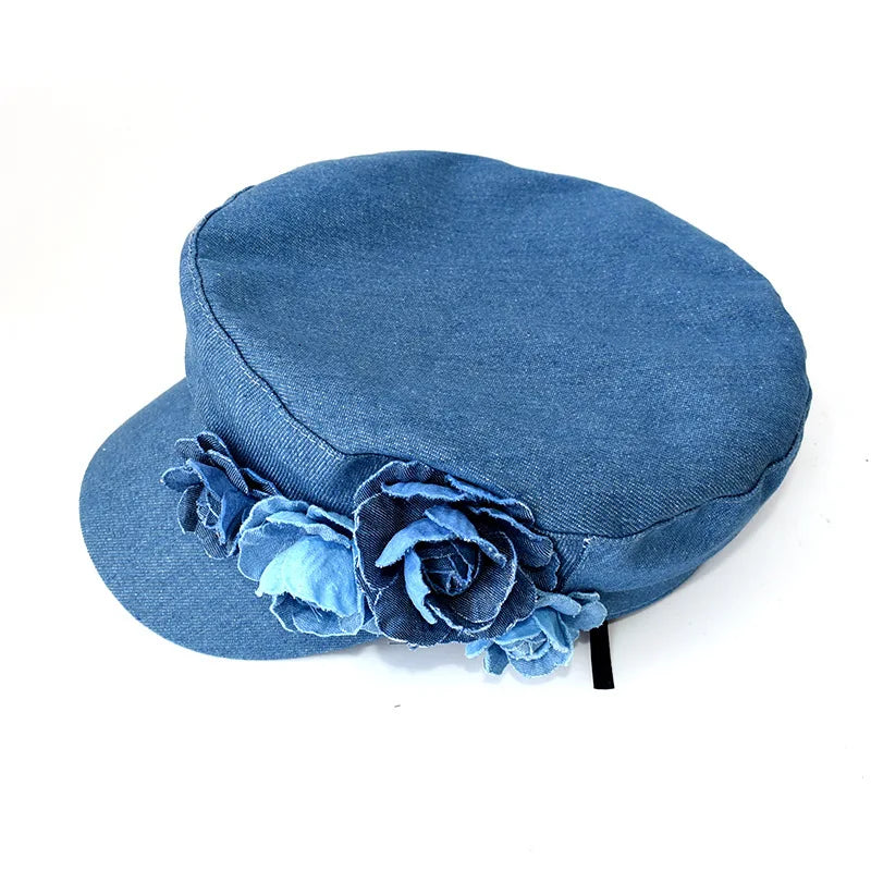 Denim Beret Three-Dimensional Flower Sun Hat