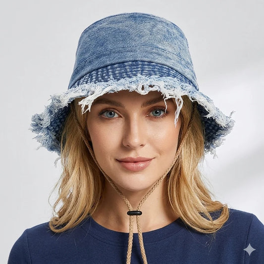 Retro Denim Bucket Hat Women Frayed Raw Hem Sun Caps
