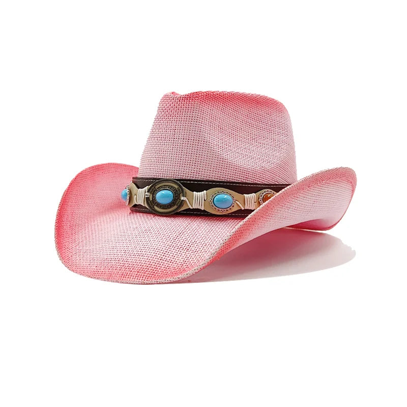 Western Thick Cowboy Hat Retro Pink Gradient Straw Hat