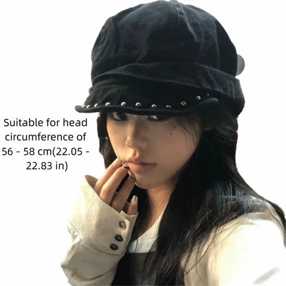 New Gothic Studded Beret Cap Solid Color Black Rivet Trim Beret