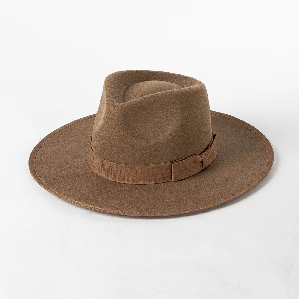 New British 100% Wool Fedoras Hat Women Retro Jazz Top Bow Felt Hat Men