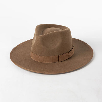New British 100% Wool Fedoras Hat Women Retro Jazz Top Bow Felt Hat Men