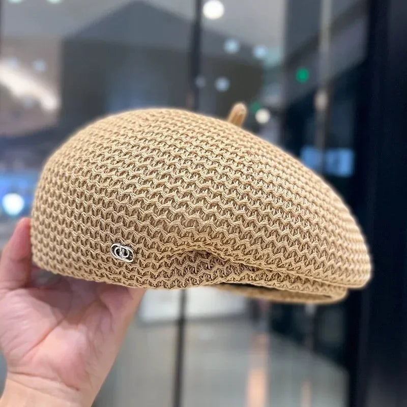 Women Fixed Pleated Paper Straw Beret Summer