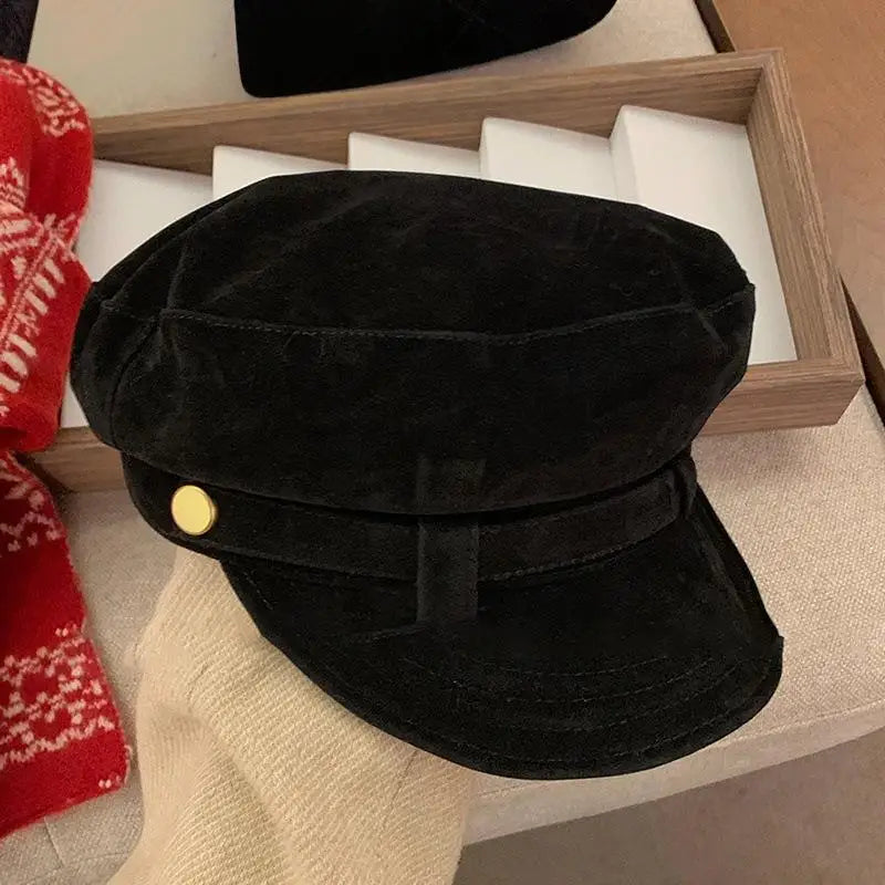 Retro Suede Beret Hat For Women Flat Top Newsboy Cap