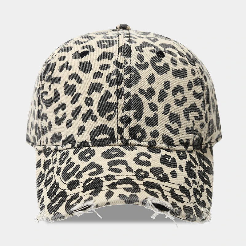 Leopard Print Baseball Cap For Women Men Distressed Washed Denim