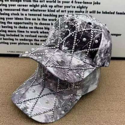 Unisex Retro Versatile Tie-Dye Quilted Rhinestone Imitation Pearl Baseball Cap