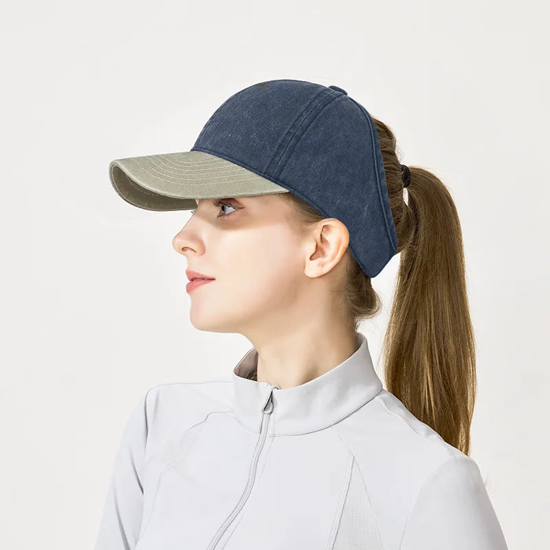Spring And Summer New Washed Color-Blocked High Ponytail Baseball Cap