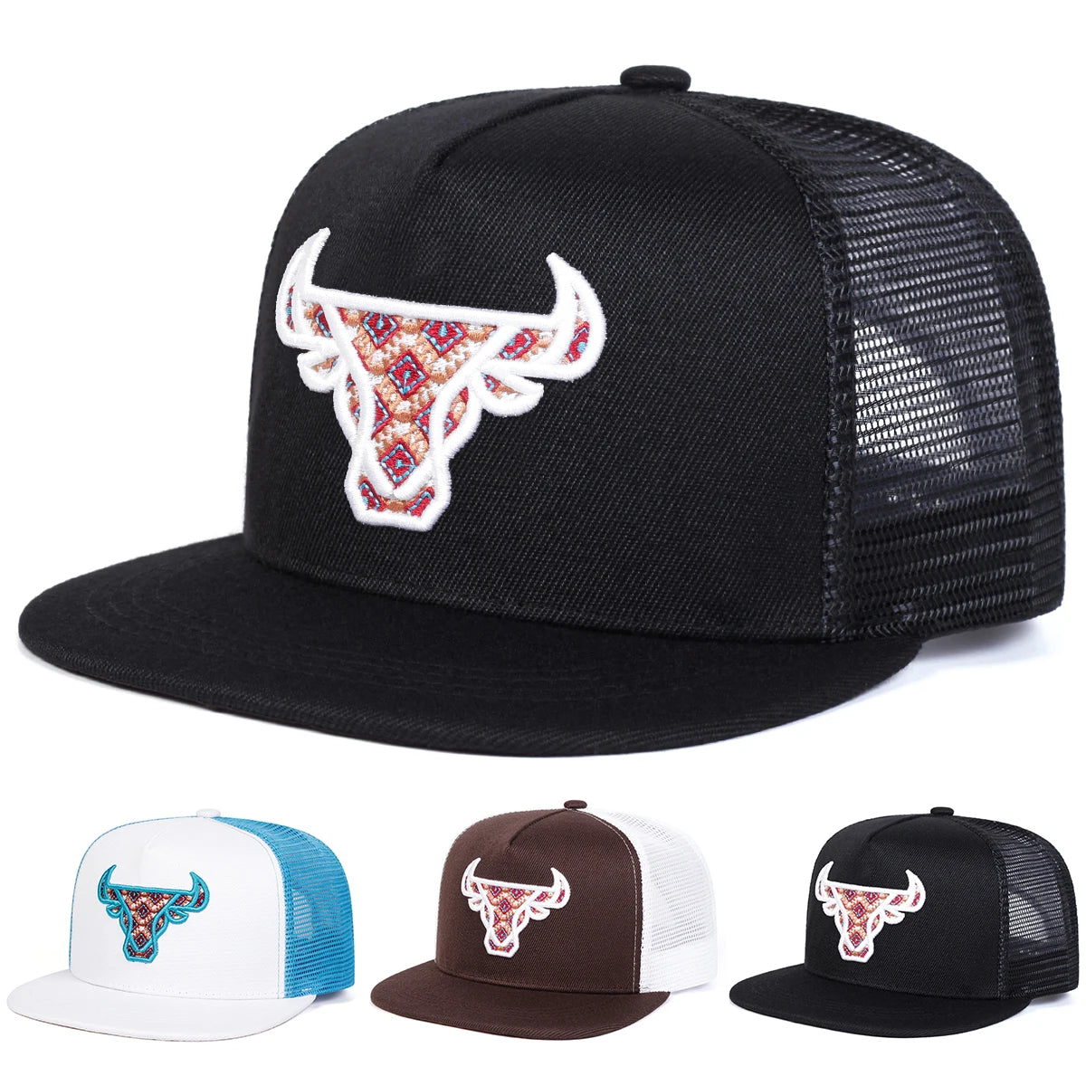 Unisex Ox Head Embroidery Hip-hop Net Hats Spring Summer