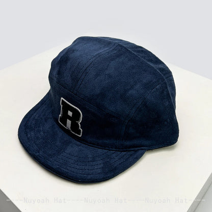 New Korean Patch R Letter Baseball Hats Flat Eave Versatile Suede Peaked Caps Niche Fashion Retro Simple