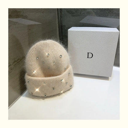 Luxury Rhinestone Beads Knitted Hat Korean Women