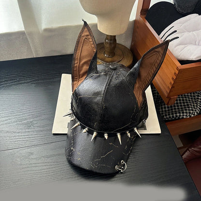 New Niche Punk Leather Rivet Dog Ears Baseball Caps Spring Autumn Men Women