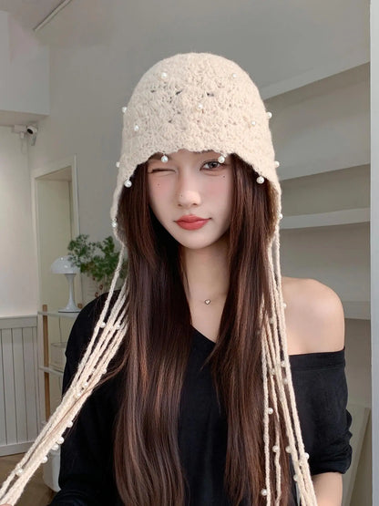 Autumn/Winter New Ethnic Style Hollow Pearl Pendant Baotou Hat