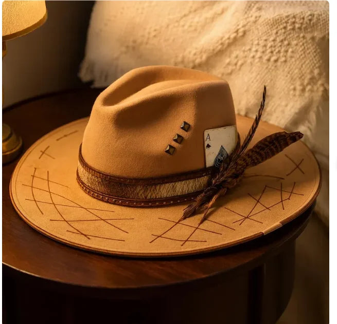 Western Style Wide Brimmed Velvet Fedora