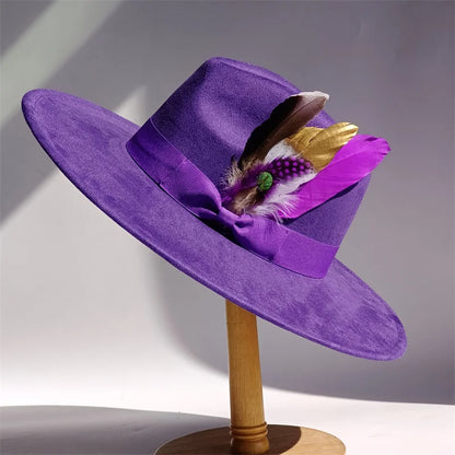 Yellow Bow Feather Suede Top Hat Wide Brim Fedora Hat