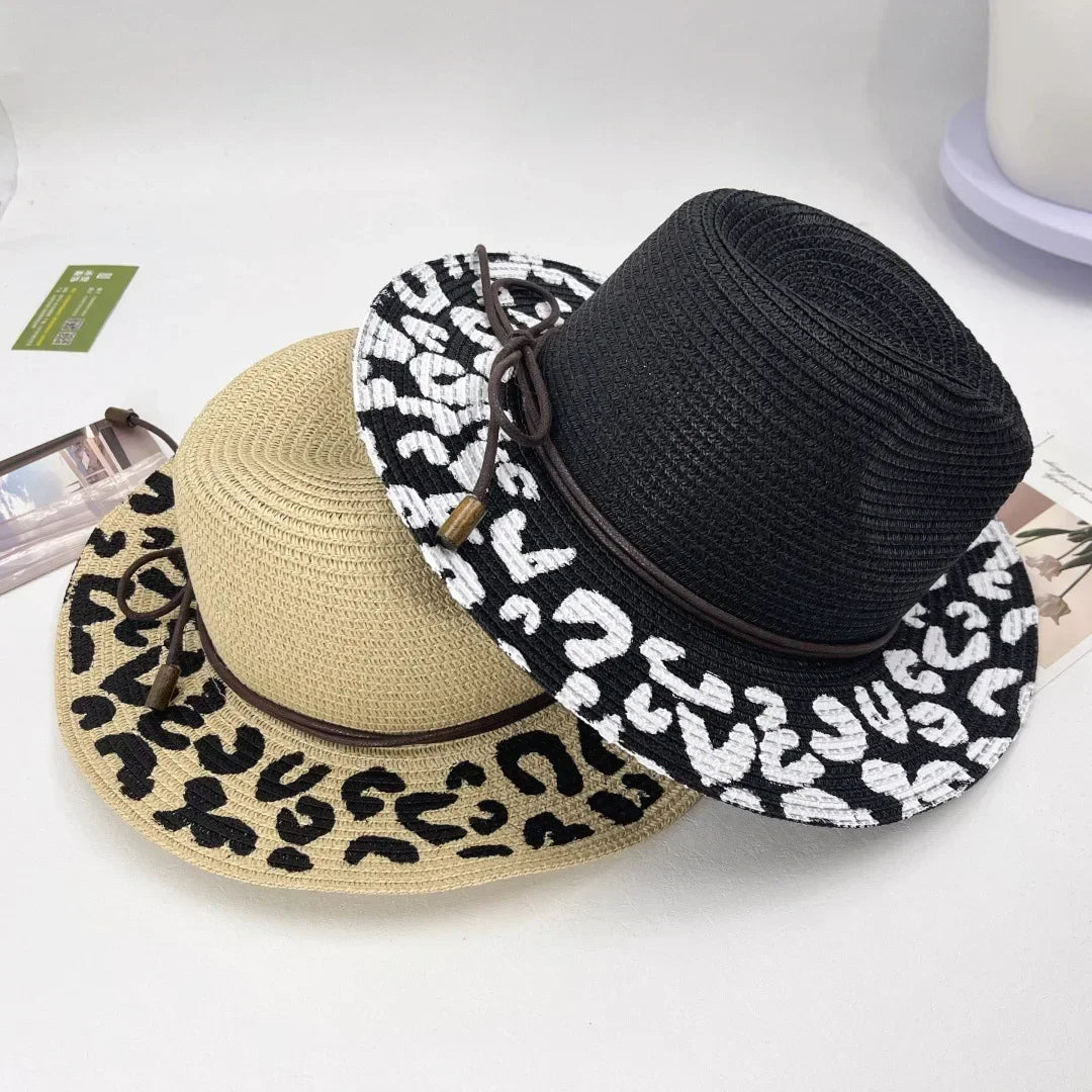 Leopard Print Foldable Straw Hat Women Summer Wide Brim Sun Hat