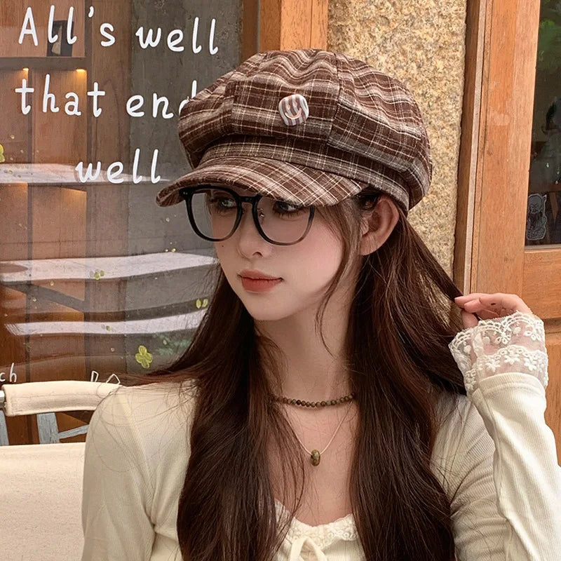 Women College Style Plaid Beret Korean Versatile Face Small Bud Painter Hat