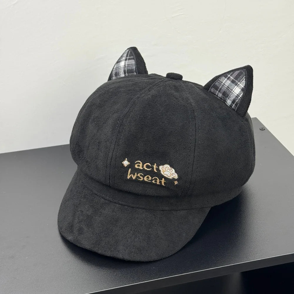Kawaii Cat Ear Newsboy Cap Faux Suede Women Baker Boy Cap Letter Embroidery Autumn Snap Brim Y2k Hat