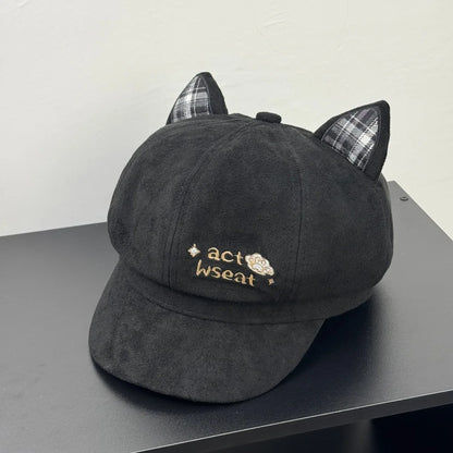 Kawaii Cat Ear Newsboy Cap Faux Suede Women Baker Boy Cap Letter Embroidery Autumn Snap Brim Y2k Hat