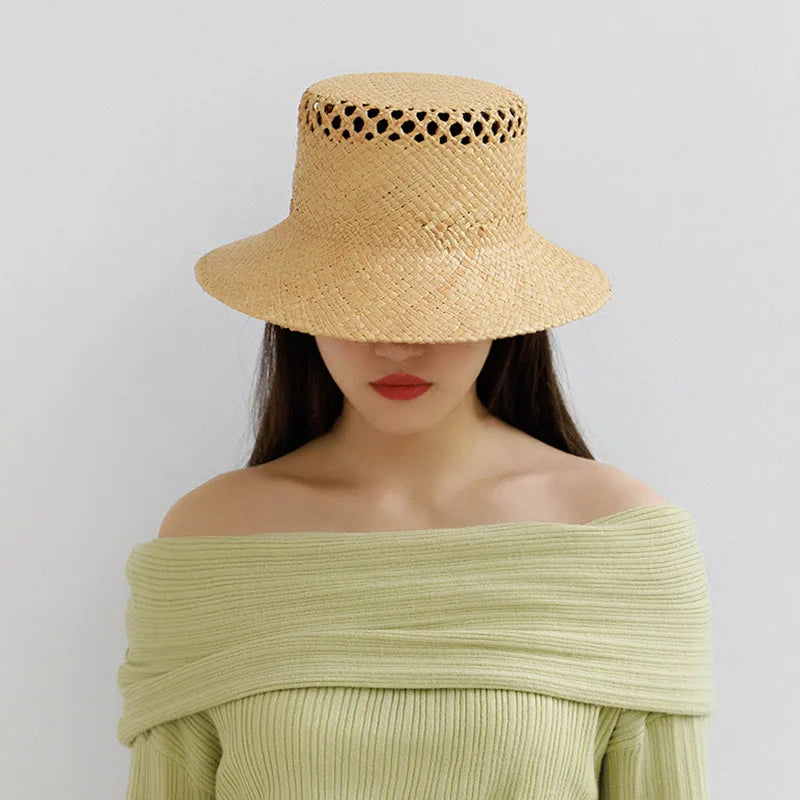 Women Raffia Bucket Hats Hollow Out Style Sun Hat