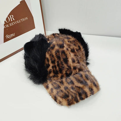 Baseball Cap Women Winter Leopard Ears Design Hat