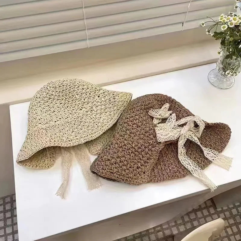 Straw Hat Women's Lace Bow Hollow Crochet Cap