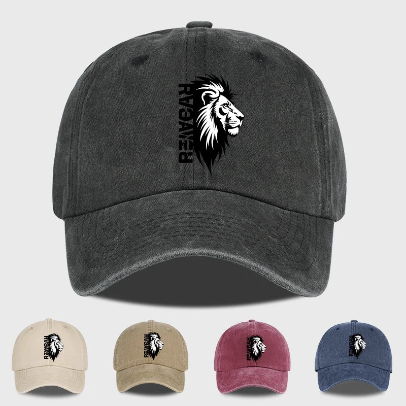 Lion Head RAWR Slogan Printed Washed Baseball Cap Soft Comfortable Lightweight Breathable Adjustable Bold Retro Powerful