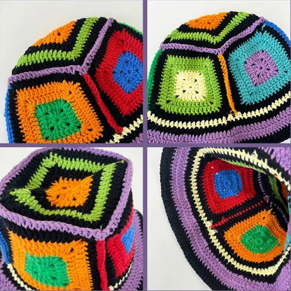 Women Muticolor Crochet Korean Handmade Bucket Hat Women Weaving Knitted Hat Y2k Fashion Flowers Autumn Cap