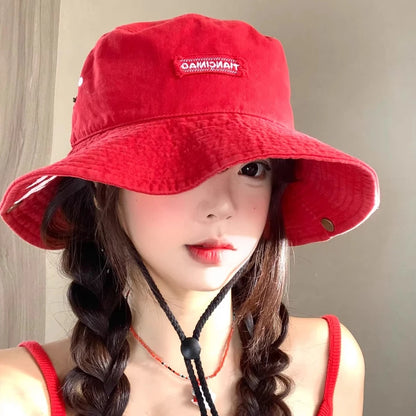 Retro Red Big Brim Letter Printed Bucket Hats
