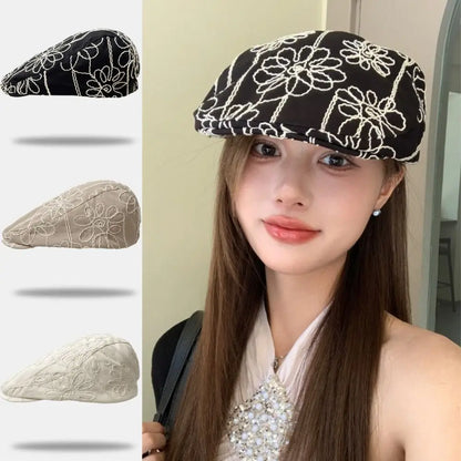 Fashion Retro Forward Cap Flower Embroidery Korean Style Beret