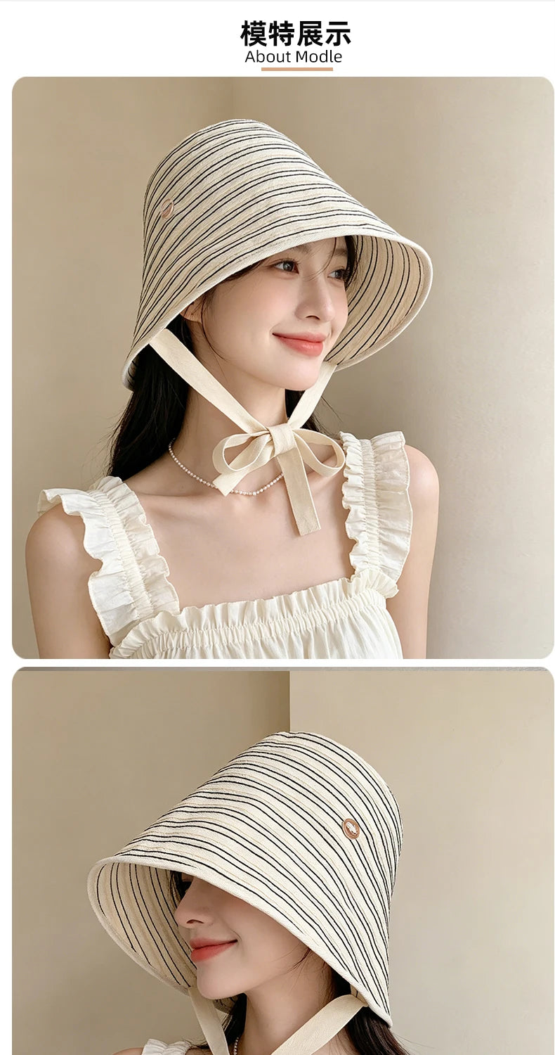 Korean Striped Fisherman Hat Summer Outdoor Travel Sun Hat Japanese Strap Wrapped Around the Brim Sun Hat
