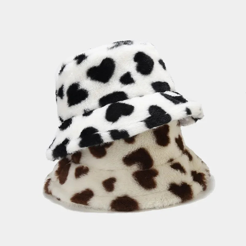 Winter Heart Print Faux Fur Fluffy Bucket Hat Women Outdoor