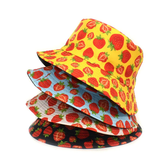Reversible Strawberry Fruit Print Bucket Hats Women Men Summer