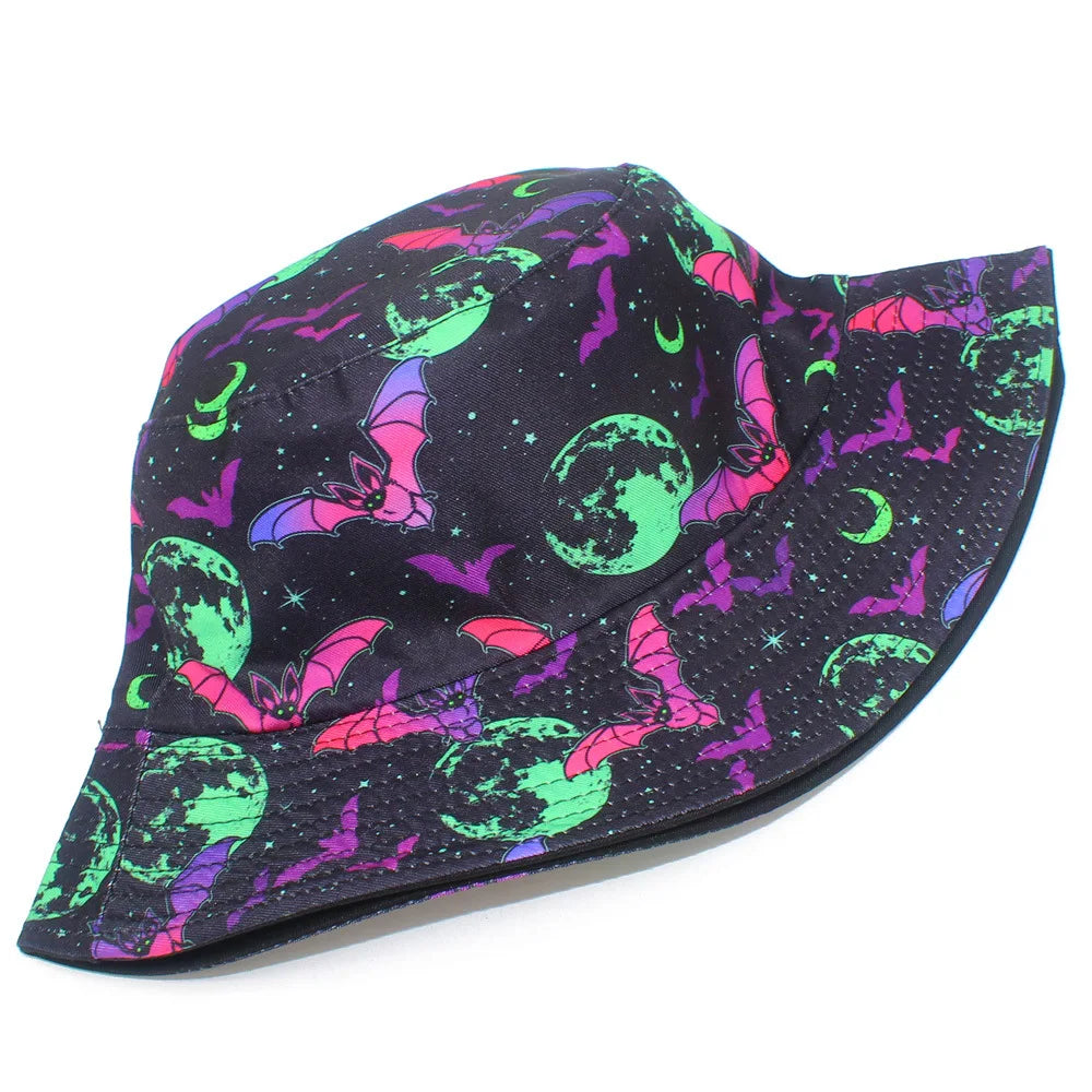 Halloween Neon Bat Moon Print Bucket Hat Unisex Fisherman Cap Spooky Cosplay Decorate Panama Hat