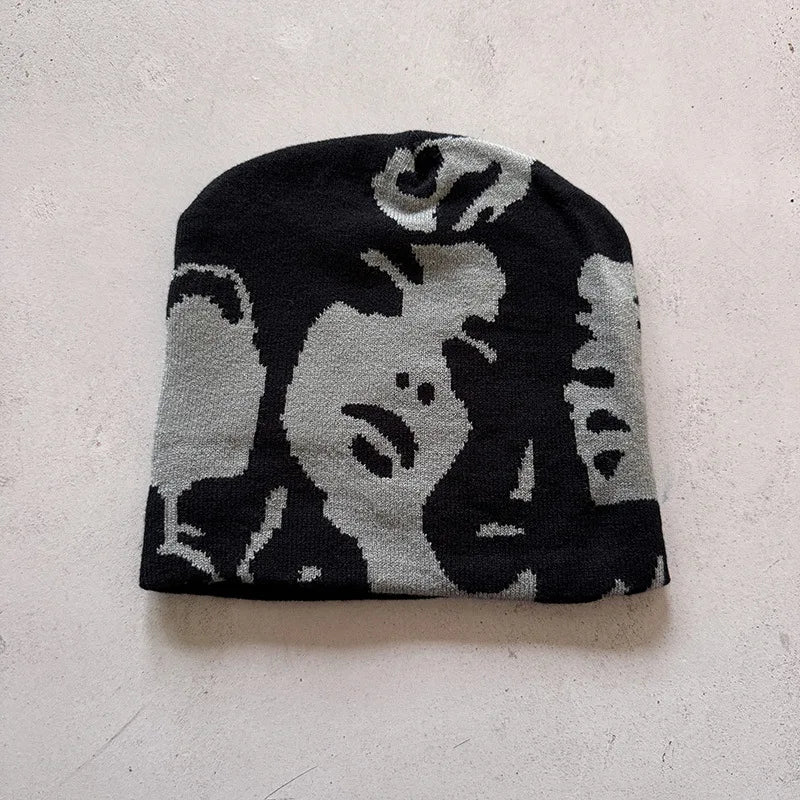 Face Pattern Intarsia Beanie Hats, Winter Casual Windproof Elastic Skull Cap