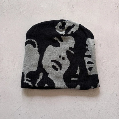 Face Pattern Intarsia Beanie Hats, Winter Casual Windproof Elastic Skull Cap