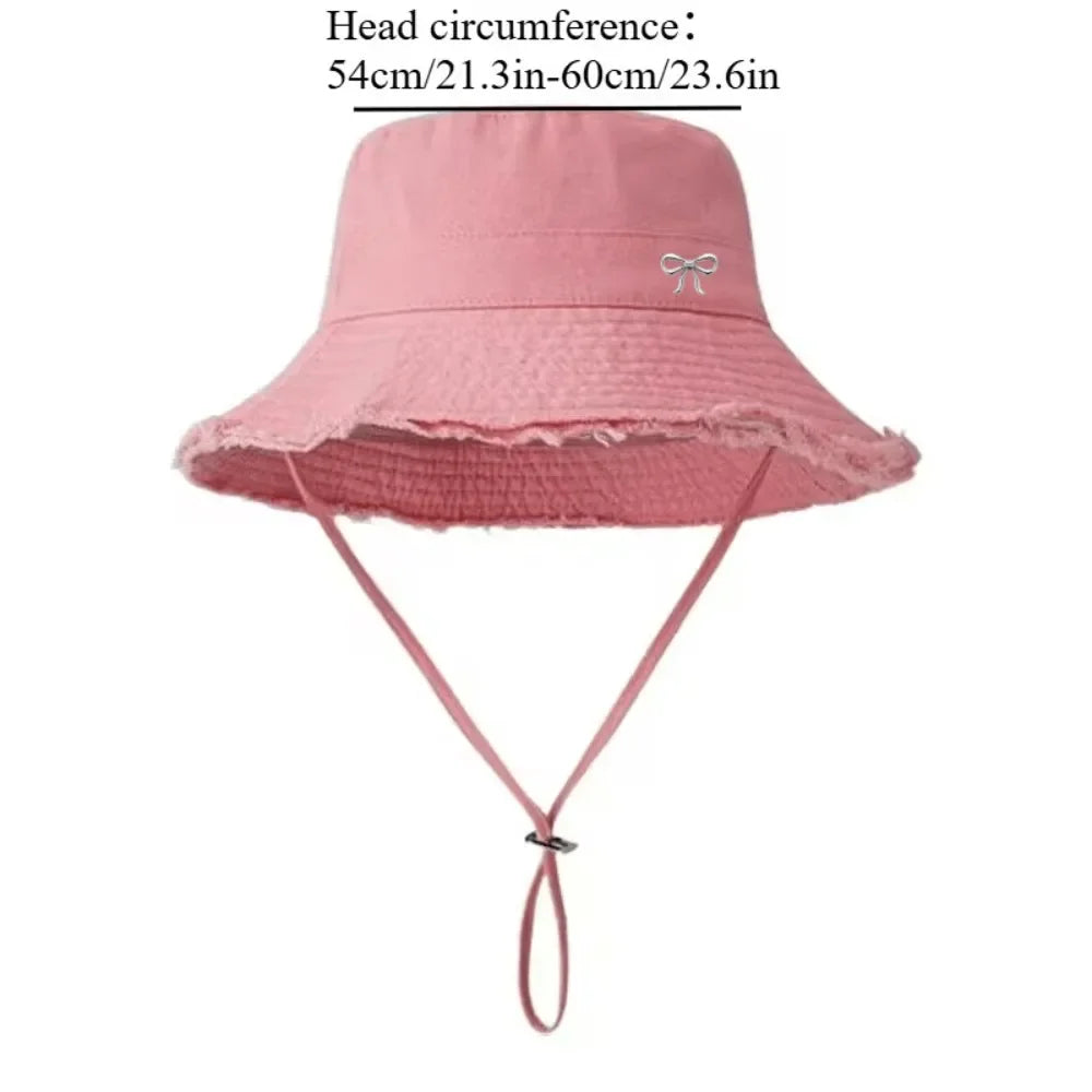 Women's Adjustable Strap Chin Drawstring Bow Distressed Edge Windproof Bucket Hat