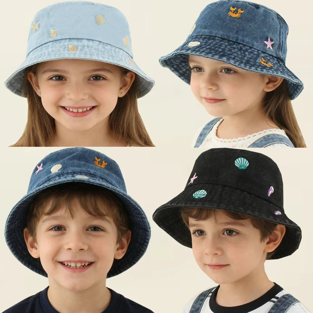 2026 Baby Cute Shell Starfish Crab Embroidery Denim Bucket Hat For Kids