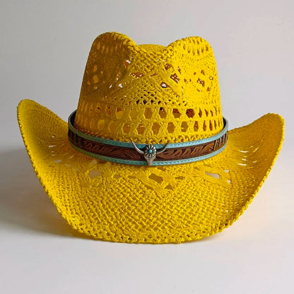 Hand-Woven Crochet Raffia Cowboy Hat